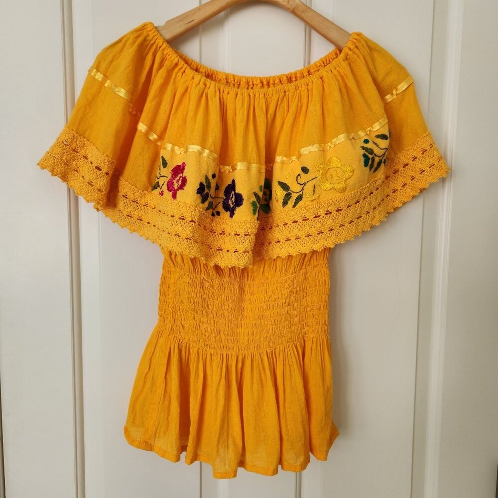 Summer Festival Mexican Yellow Off-Shoulder Top Floral Embroidery Crochet Boho - Picture 1 of 8